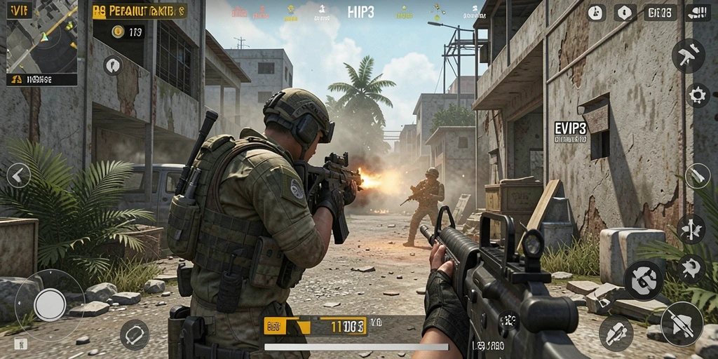 Screenshot gameplay EVIP3 menampilkan aksi menembak yang mendebarkan.