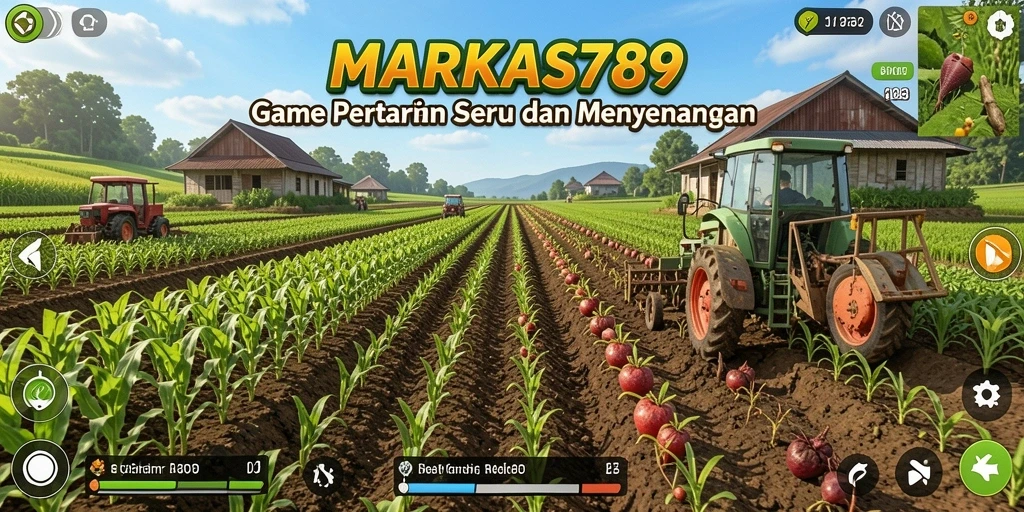 Tampilan gameplay MARKAS789 yang menampilkan ladang hijau subur dan hewan ternak.