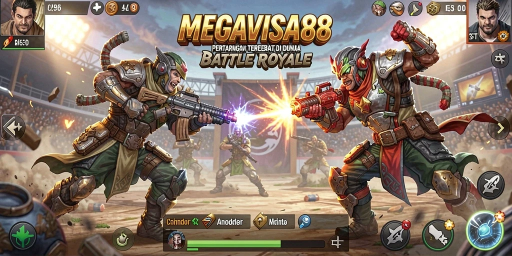 Screenshot gameplay MEGAVISA88 menunjukkan aksi pertarungan seru di arena Battle Royale.