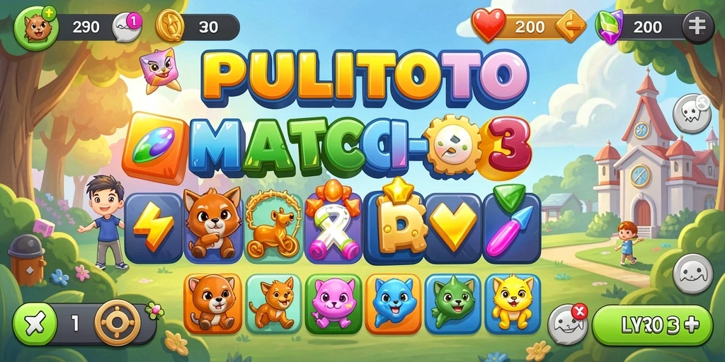 Tangkapan layar utama PULITOTO menampilkan gameplay Match-3 yang seru.